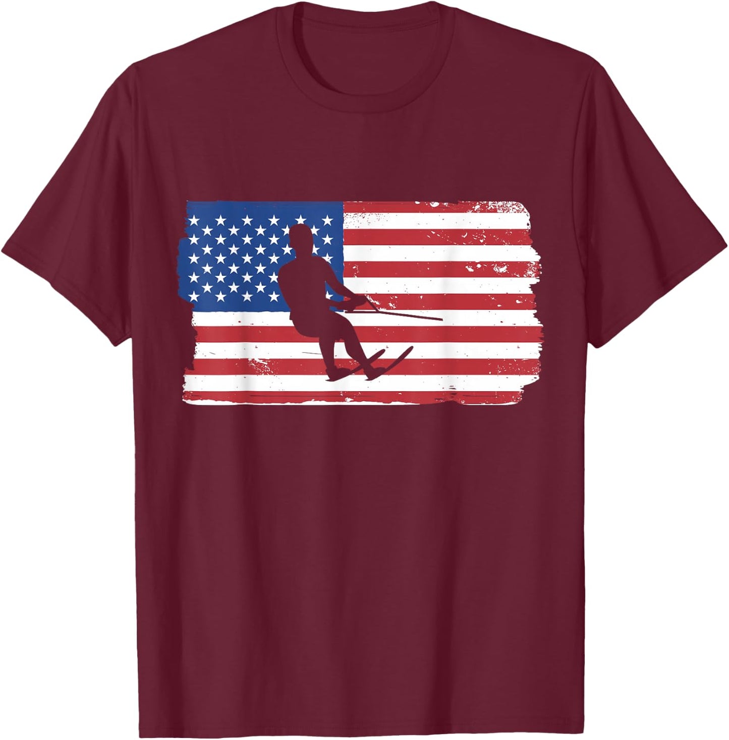 USA Waterskiing Patriotic American Flag Waterskiing T-Shirt - T-Shirt | Maroon