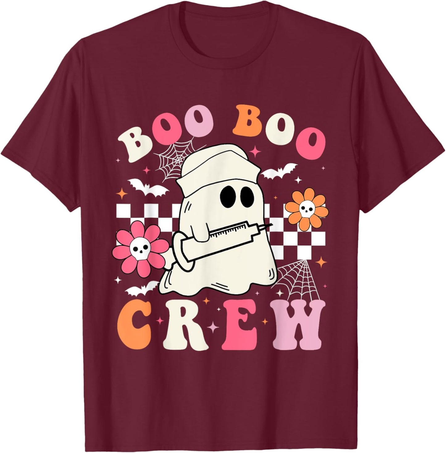 Boo Crew Nurse Halloween Outfits Men Kids Groovy T-Shirt - T-Shirt | Maroon