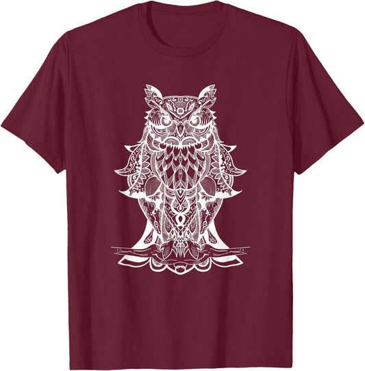 Geometric Owl - Sacred Geometric Mandala Animal T-Shirt - T-Shirt | Maroon