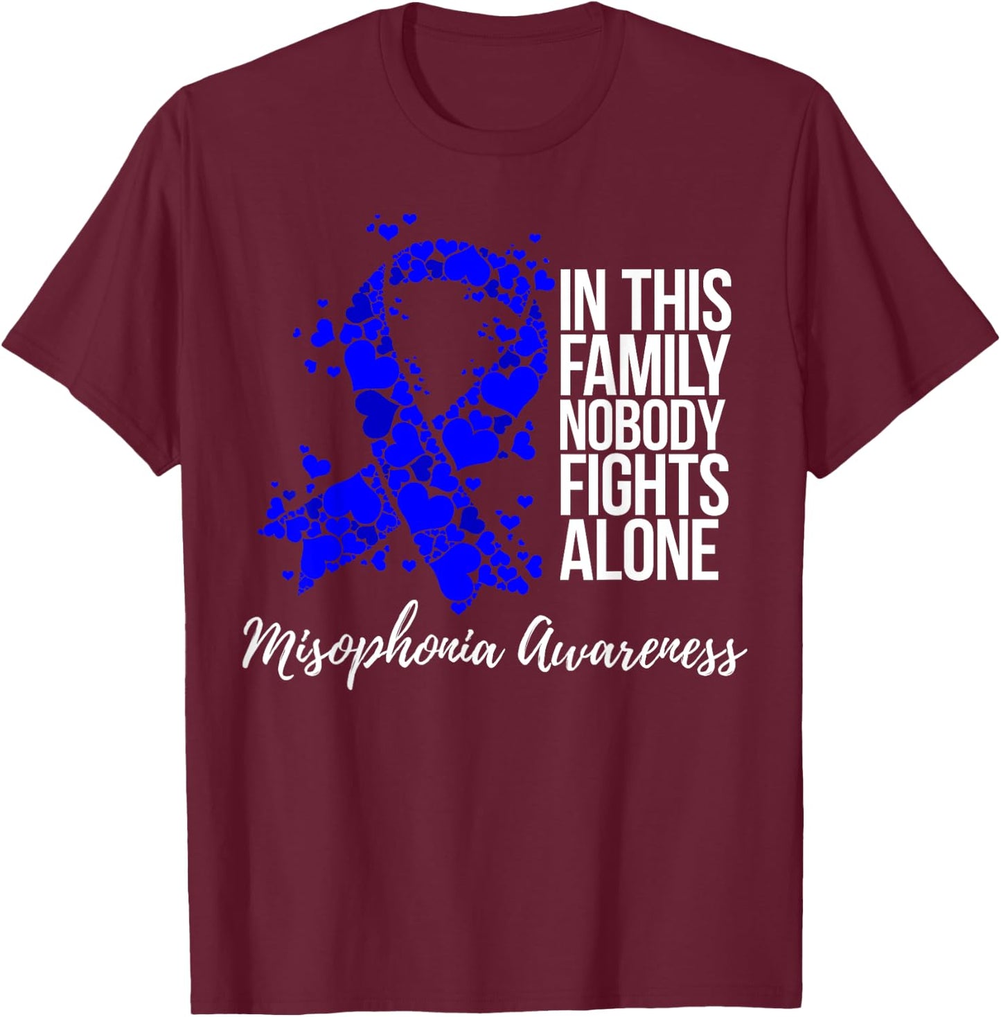 Family Support Blue Ribbon Misophonia Awareness T-Shirt - T-Shirt | Maroon