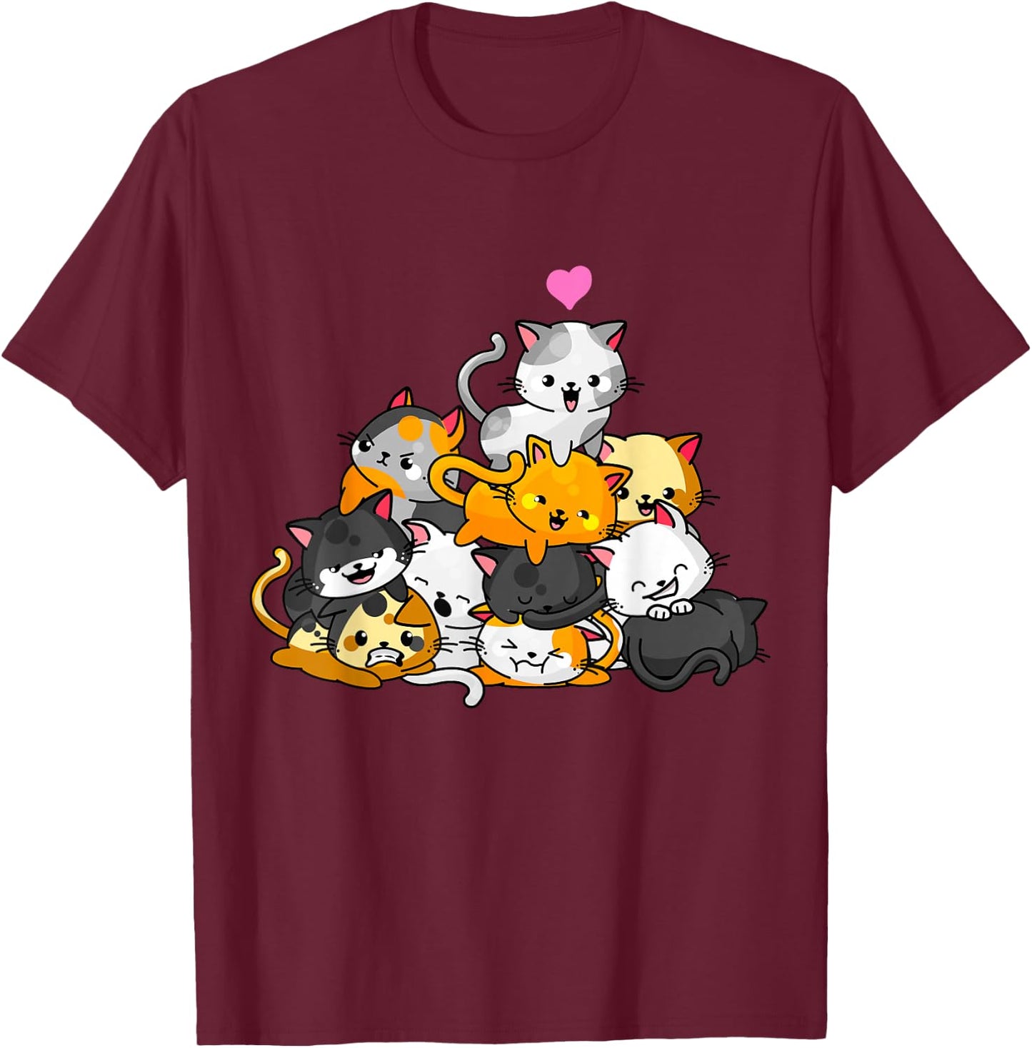 Cat Cute Kitty Pile Cats Anime Kawaii Neko Gift Women Girls Small T-Shirt - T-Shirt | Maroon