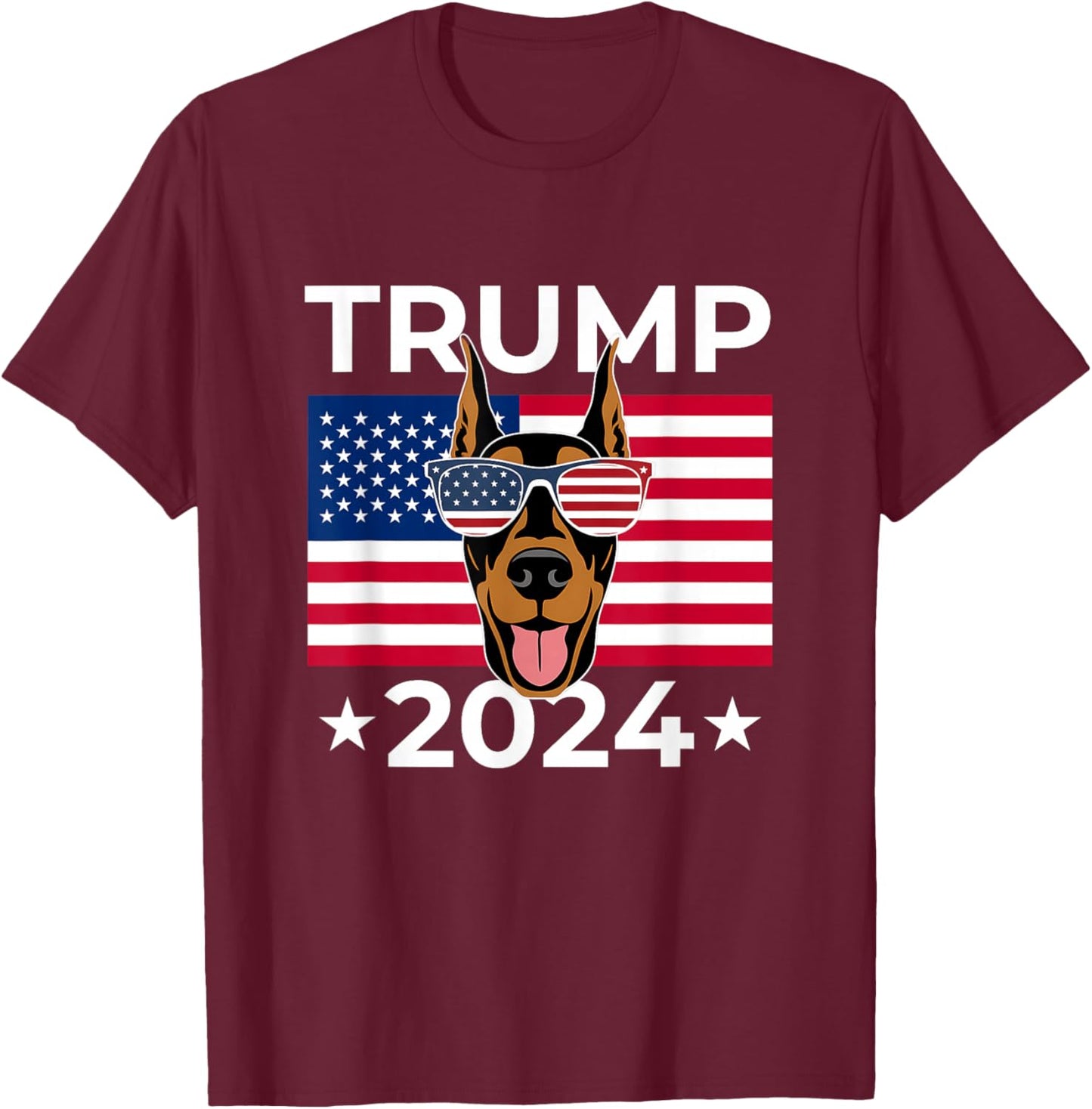 US Election Vote Trump 2024 Doberman Pinscher Dog USA Flag T-Shirt - T-Shirt | Maroon