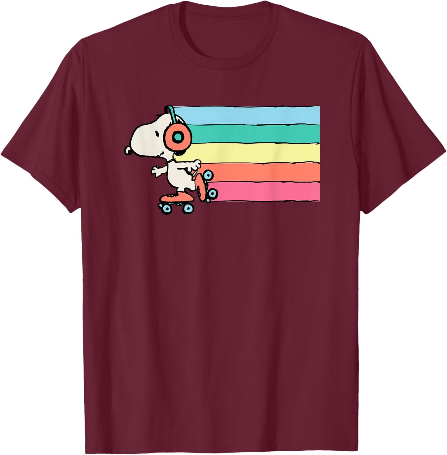 Peanuts Snoopy Roller Skating Rainbow T-Shirt - T-Shirt | Maroon