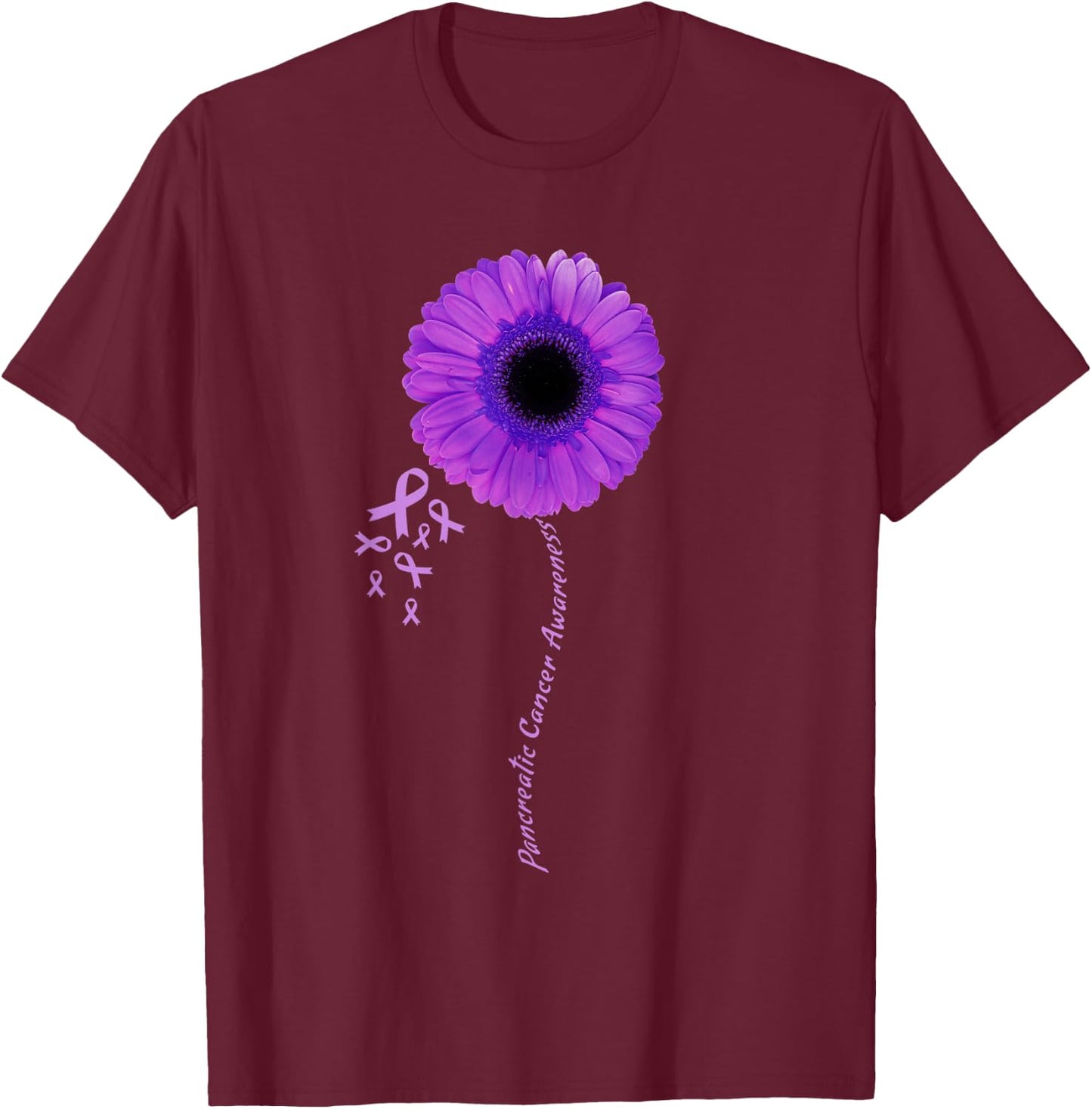 I Wear Purple Flower Pancreatic Cancer Awareness Ribbon T-Shirt - T-Shirt | Maroon