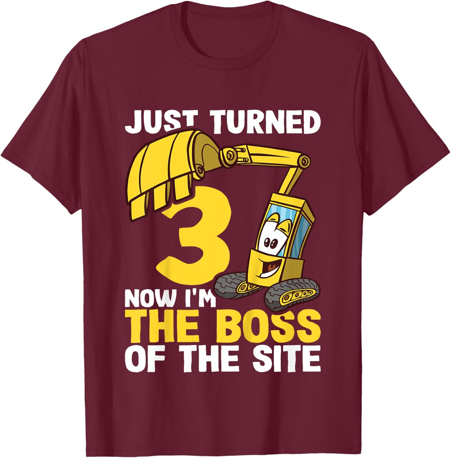 Kids 3rd Birthday Shirt Boy Excavator Construction Site Boss T-Shirt - T-Shirt | Maroon