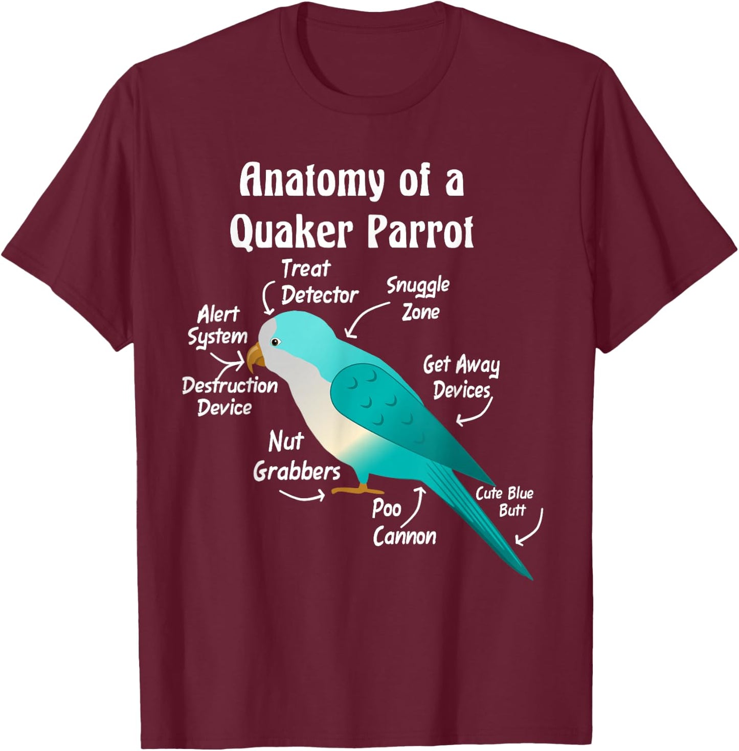 Anatomy of a Blue Quaker Parrot T-Shirt - T-Shirt | Maroon