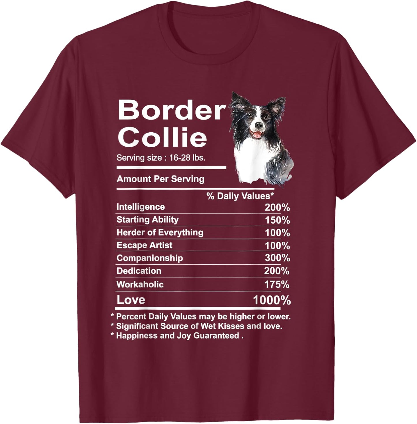 Funny Border Collie Facts Nutrition Gift Border T-Shirt - T-Shirt | Maroon