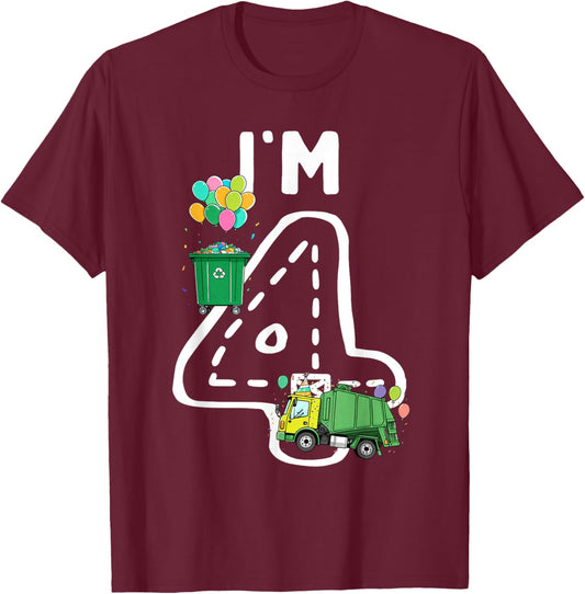 I'm 4 Four Years Old Garbage Truck 4th Birthday Boy Kids T-Shirt - T-Shirt | Maroon