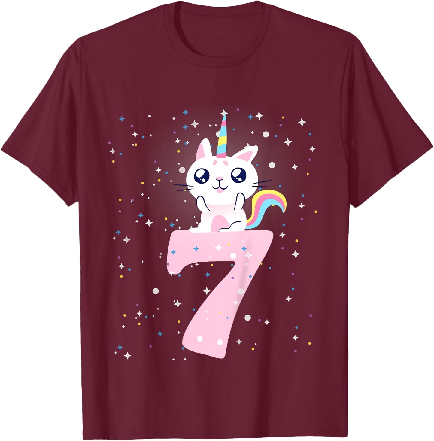 Kids 7th birthday girl outfit unicorn cat T-Shirt - T-Shirt | Maroon