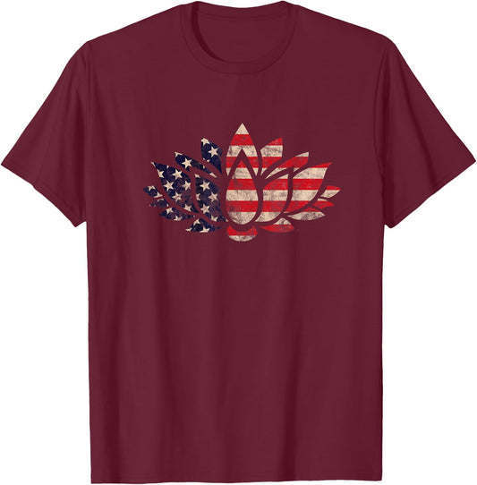 Lotus Flower USA Flag Patriotic American 4th of July Yoga Women Kids Men T-Shirt - T-Shirt | Maroon