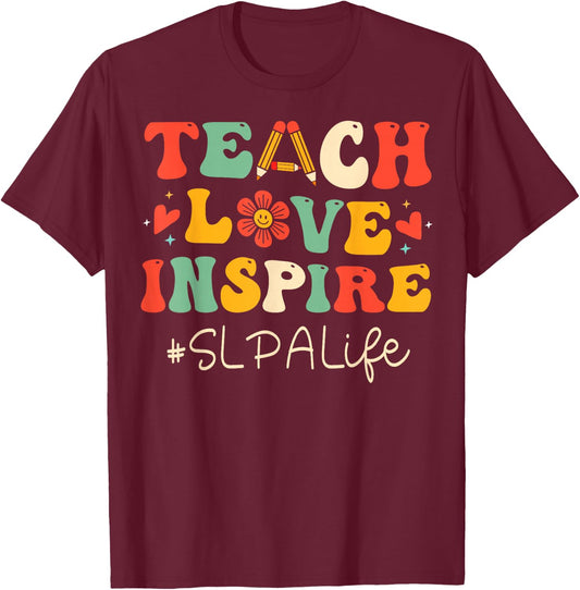 SLPA Teach Love Inspire Women Groovy Retro Bach to School T-Shirt - T-Shirt | Maroon