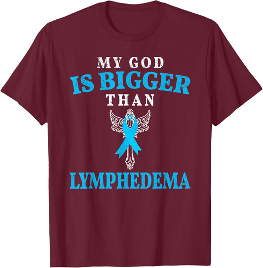 My God is Bigger Than Lymphedema Awareness Month Blue Ribbon T-Shirt - T-Shirt | Maroon