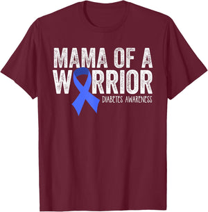 Mama of a Warrior T1D Mom Diabetic Blue Ribbon Support Gift T-Shirt - T-Shirt | Maroon
