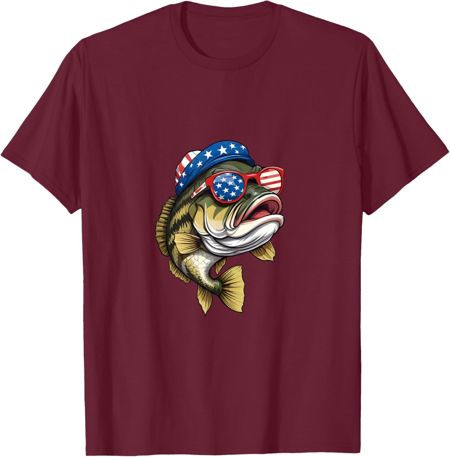 Bass Fish 4th Of July American US Flag Patriotic Fishing T-Shirt - T-Shirt | Maroon