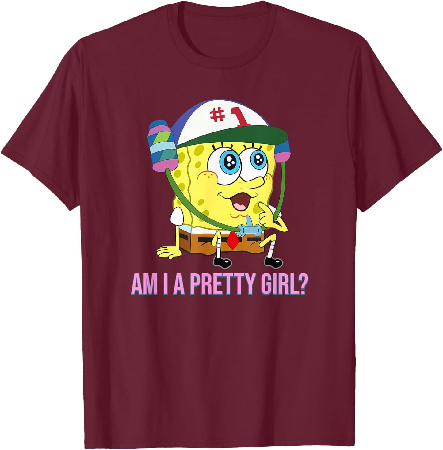 Spongebob Squarepants - Am I a Pretty Girl? T-Shirt - T-Shirt | Maroon