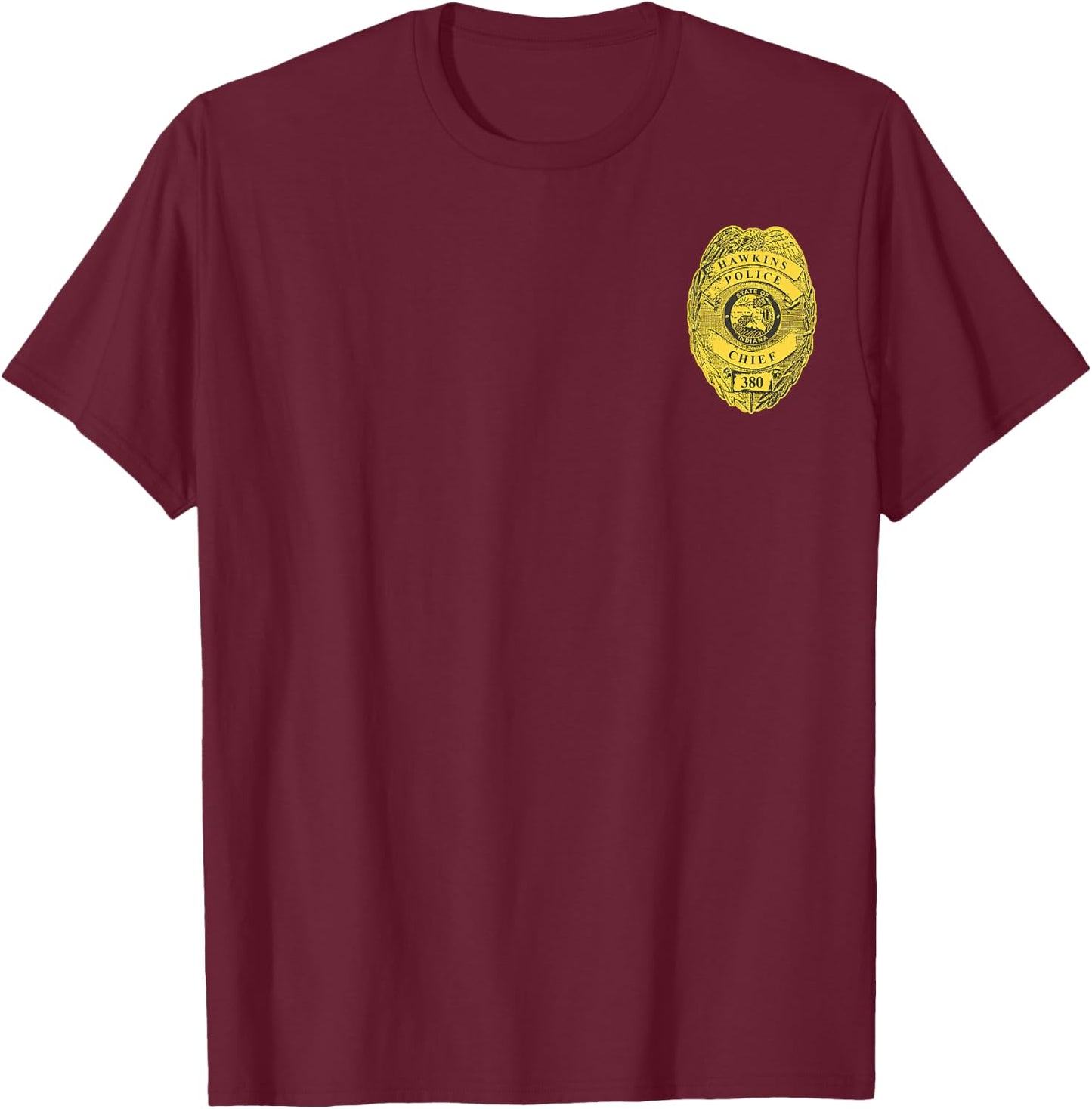Netflix Stranger Things Hawkins Police Left Chest Badge T-Shirt - T-Shirt | Maroon