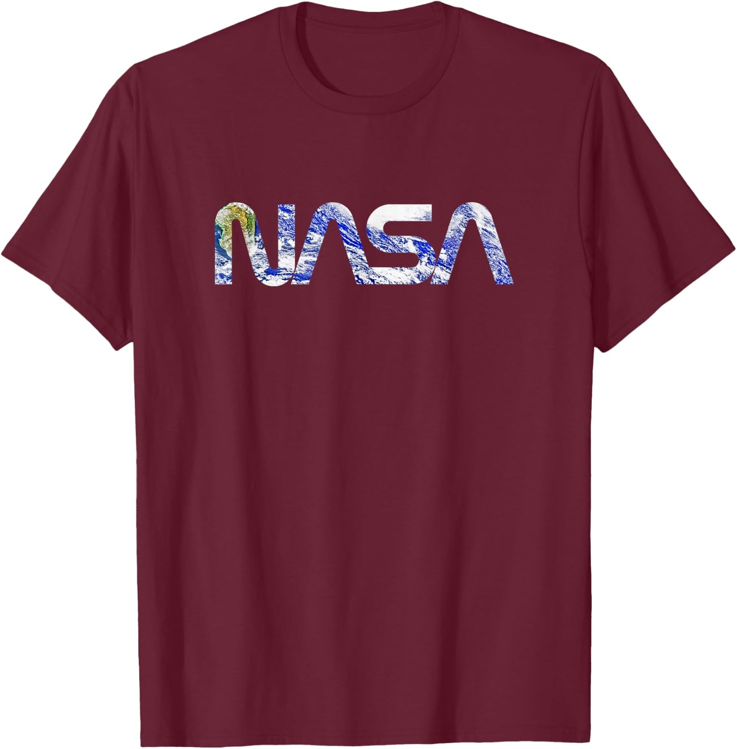 NASA Earth Photo Filled Worm Logo Space Science T-Shirt - T-Shirt | Maroon