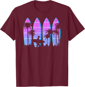 Surfboard Men Women Kids Surfing Vaporwave Retro Wave Surfer T-Shirt - T-Shirt | Maroon