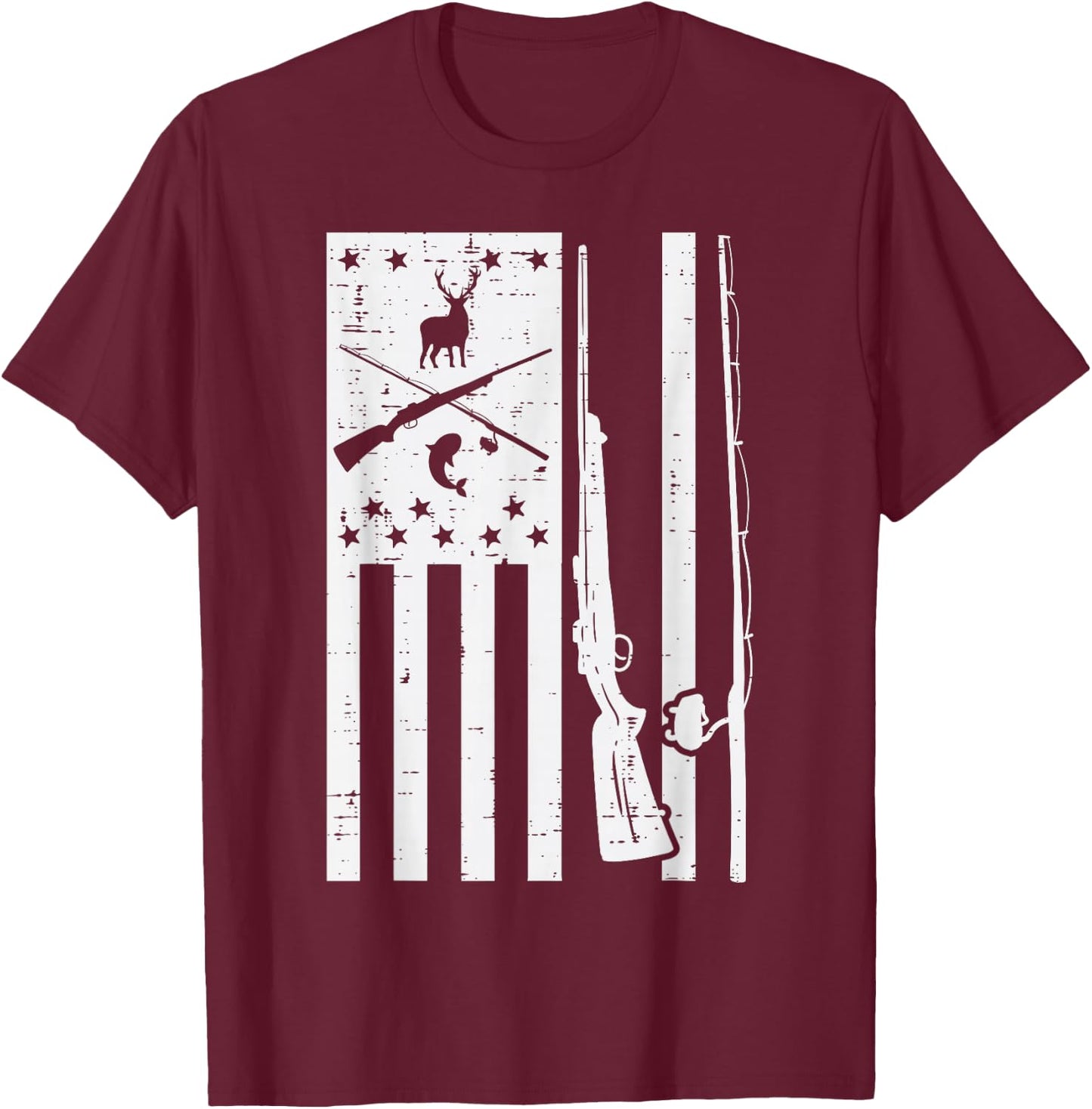 White US Flag Rifle Fishing Rod Fish Deer Hunting Patriotic T-Shirt - T-Shirt | Maroon