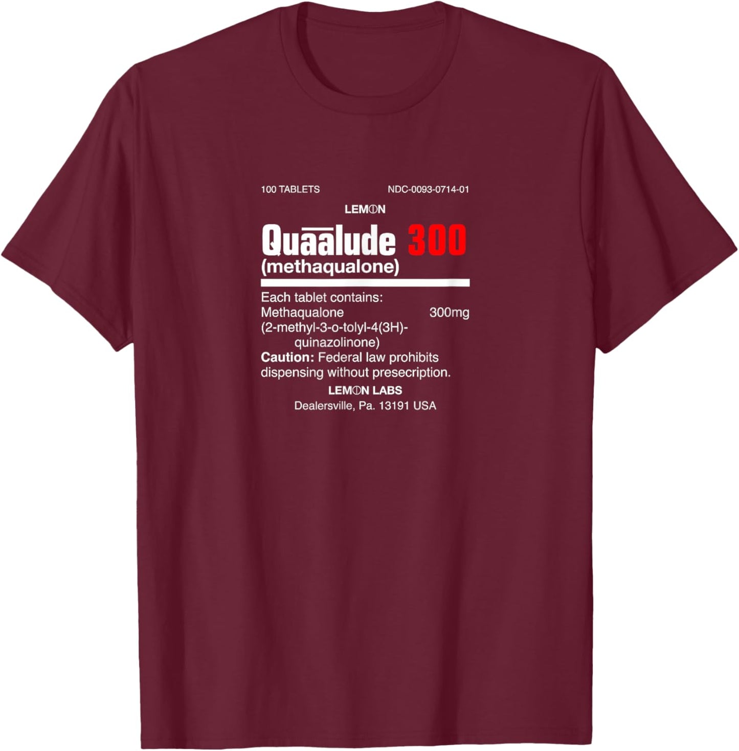1970's Lemon Labs Quaalude 300 Label Reproduction Nostalgia T-Shirt - T-Shirt | Maroon