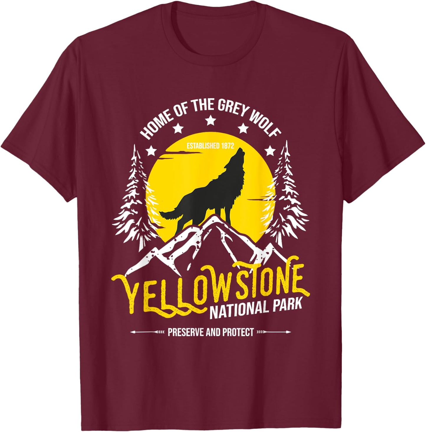 Yellowstone National Park Grey Wolf - Hiking & Camping Lover T-Shirt - T-Shirt | Maroon