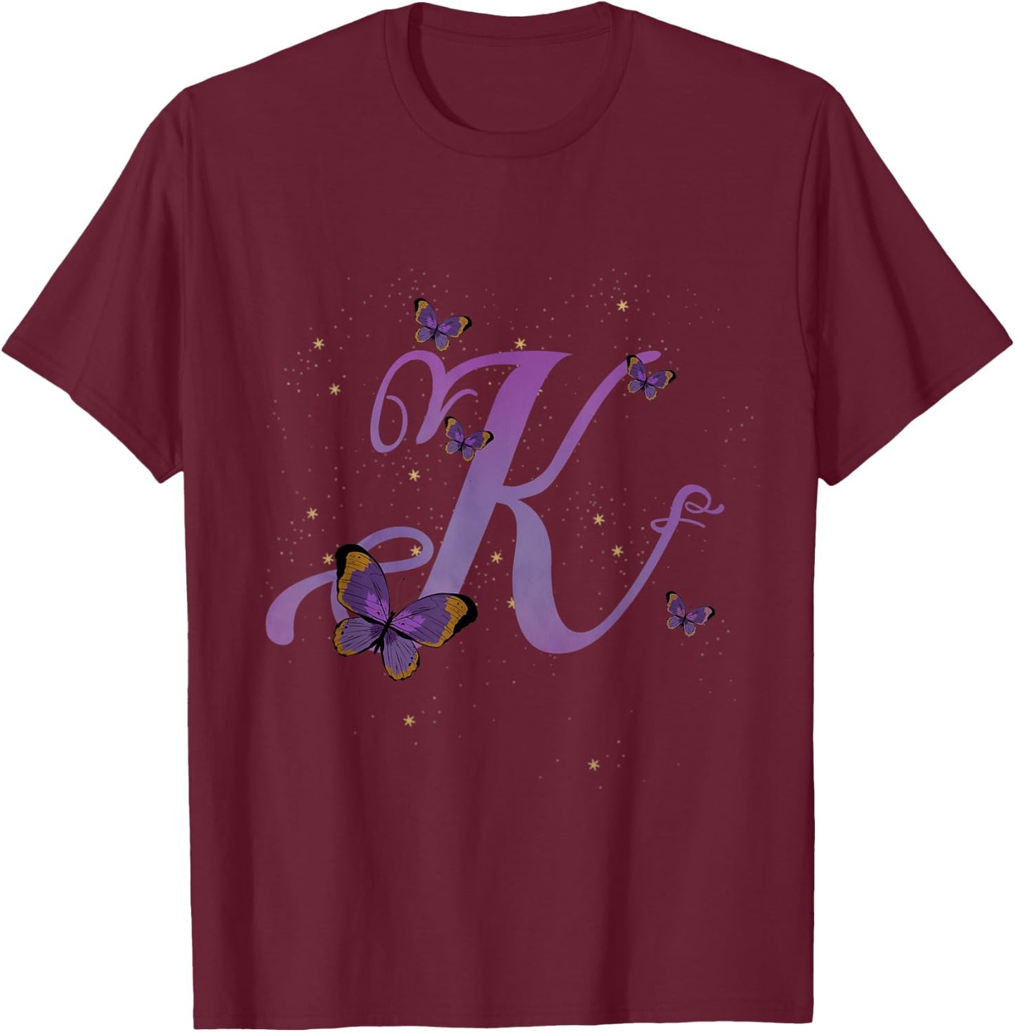 Romantic Butterfly Initial Letter K Purple Monogram T-Shirt - T-Shirt | Maroon