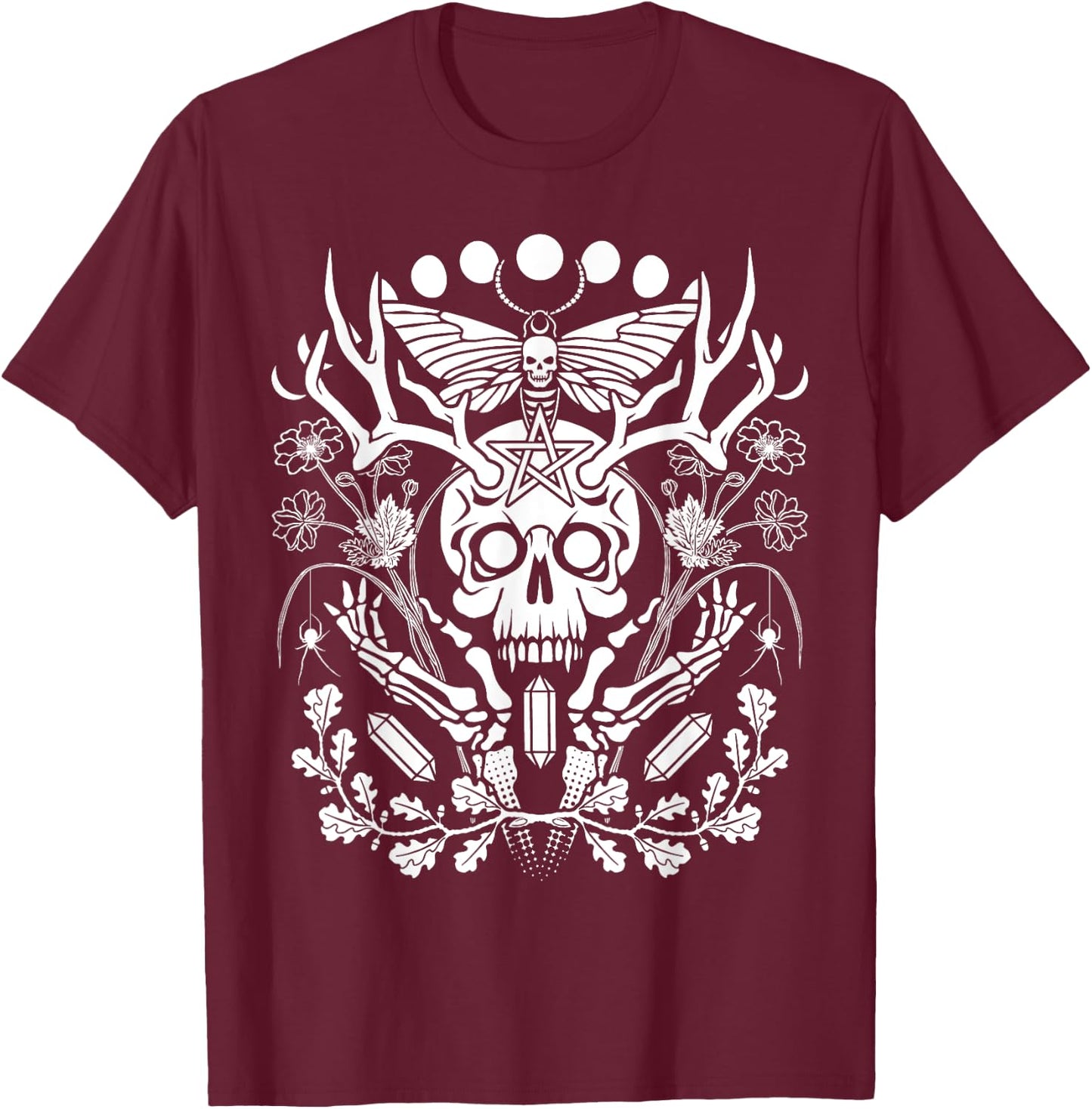 Nature Witch Skull and Death's Head Moth, Moons & Crystals T-Shirt - T-Shirt | Maroon
