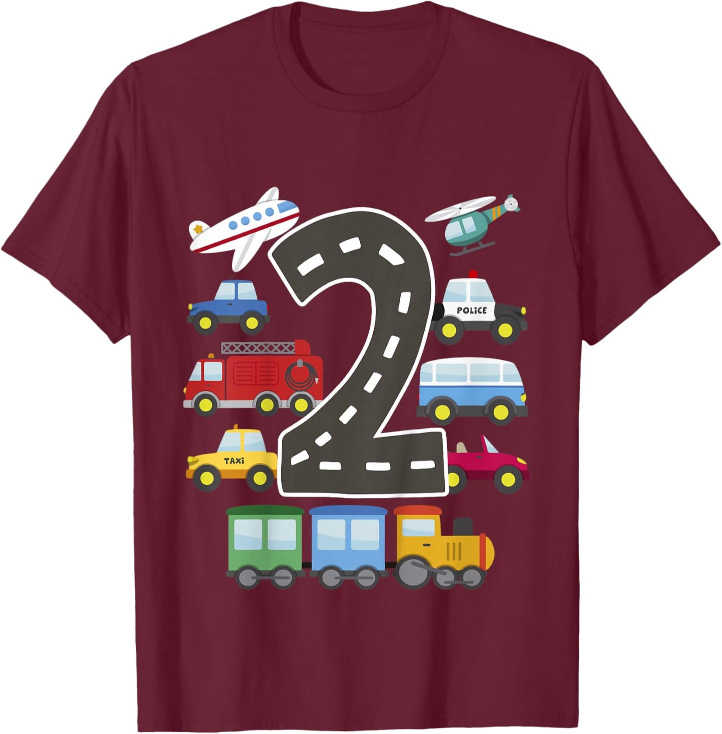 Kids 2 Year Old Transportation Birthday Car Train Plane 2nd Gift T-Shirt - T-Shirt | Maroon