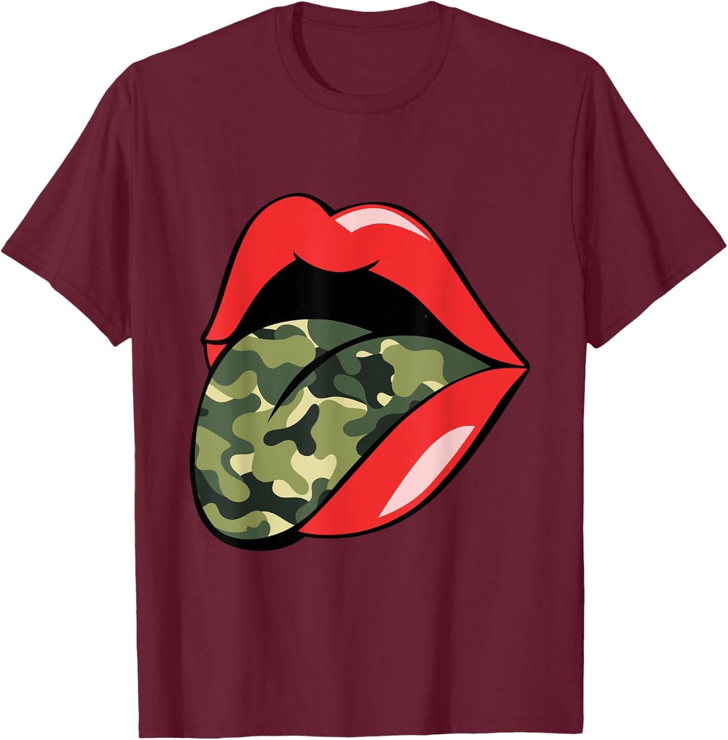 Red Lips Tongue Camouflage Military Trendy Grunge Funny T-Shirt - T-Shirt | Maroon