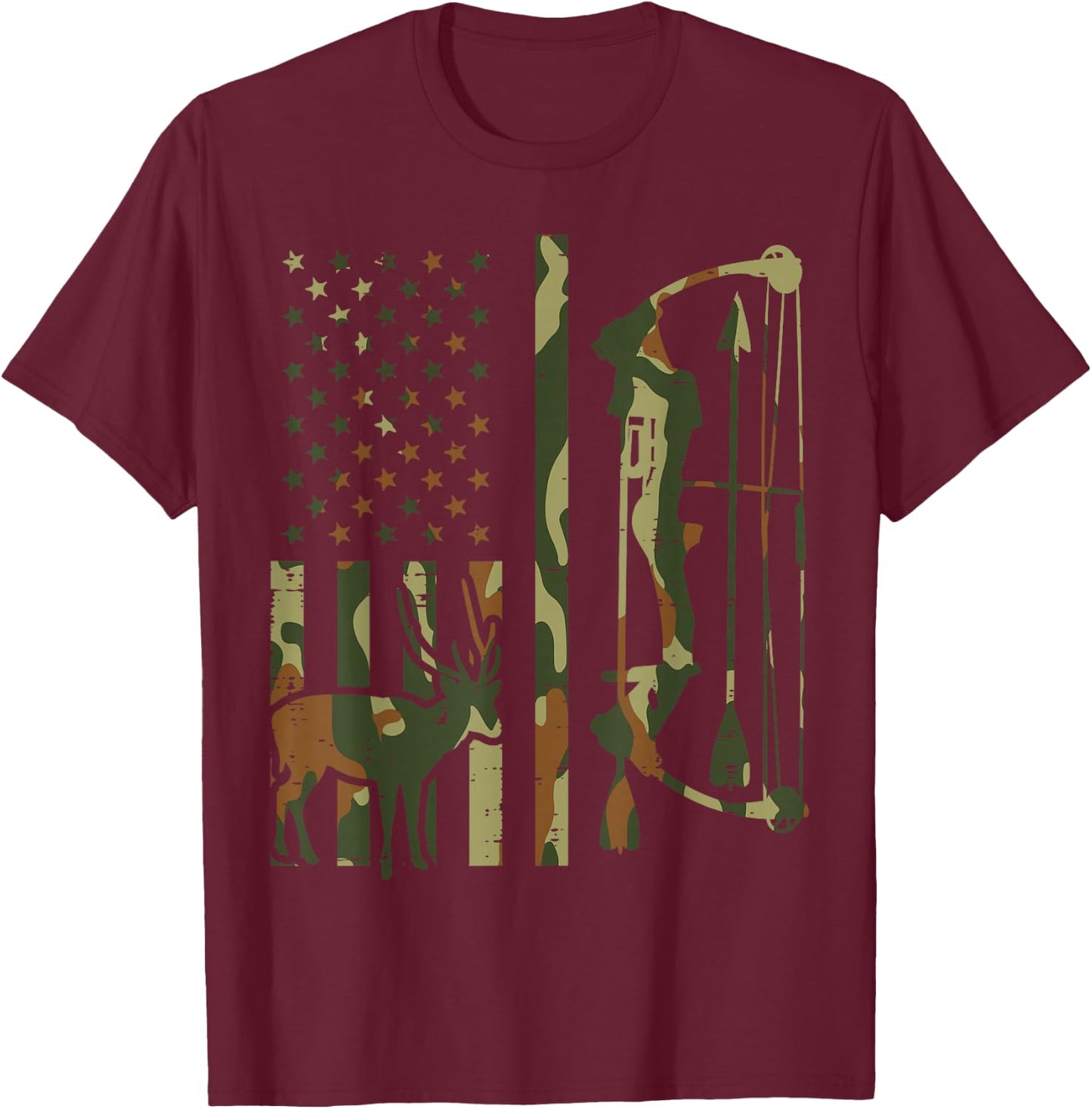 Camo Flag Deer Bow Hunting Patriotic Hunter Dad Archer T-Shirt - T-Shirt | Maroon