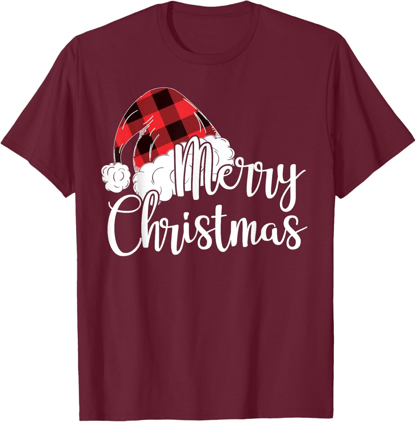 Merry Christmas Gift Cute Plaid Santas Hat Funny Women Xmas T-Shirt - T-Shirt | Maroon