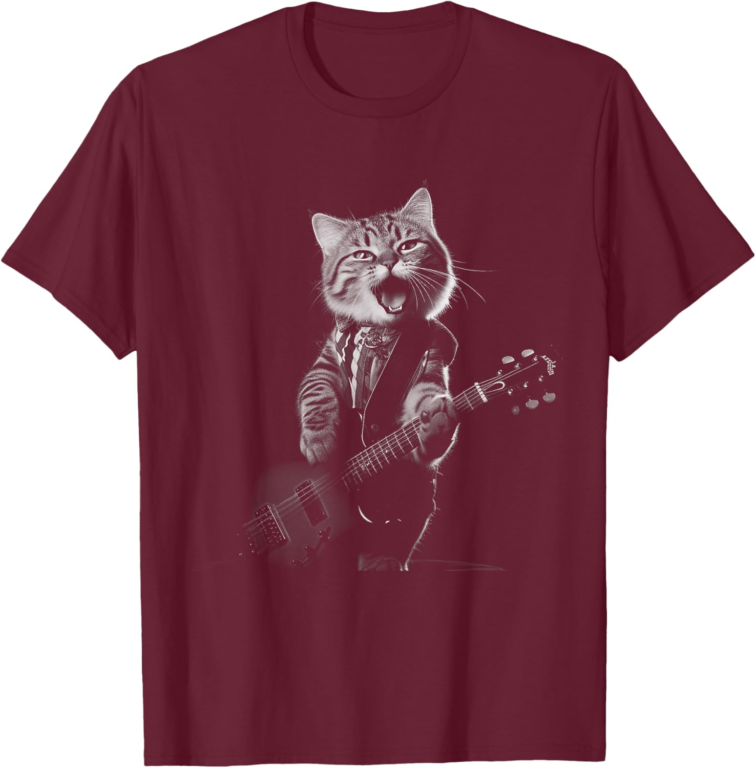 Funny cat musician men women kids music cat playing guitar T-Shirt - T-Shirt | Maroon