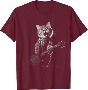 Funny cat musician men women kids music cat playing guitar T-Shirt - T-Shirt | Maroon