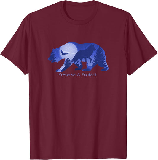 Preserve And Protect Wildlife Conservation Bear Wolf Nature T-Shirt - T-Shirt | Maroon