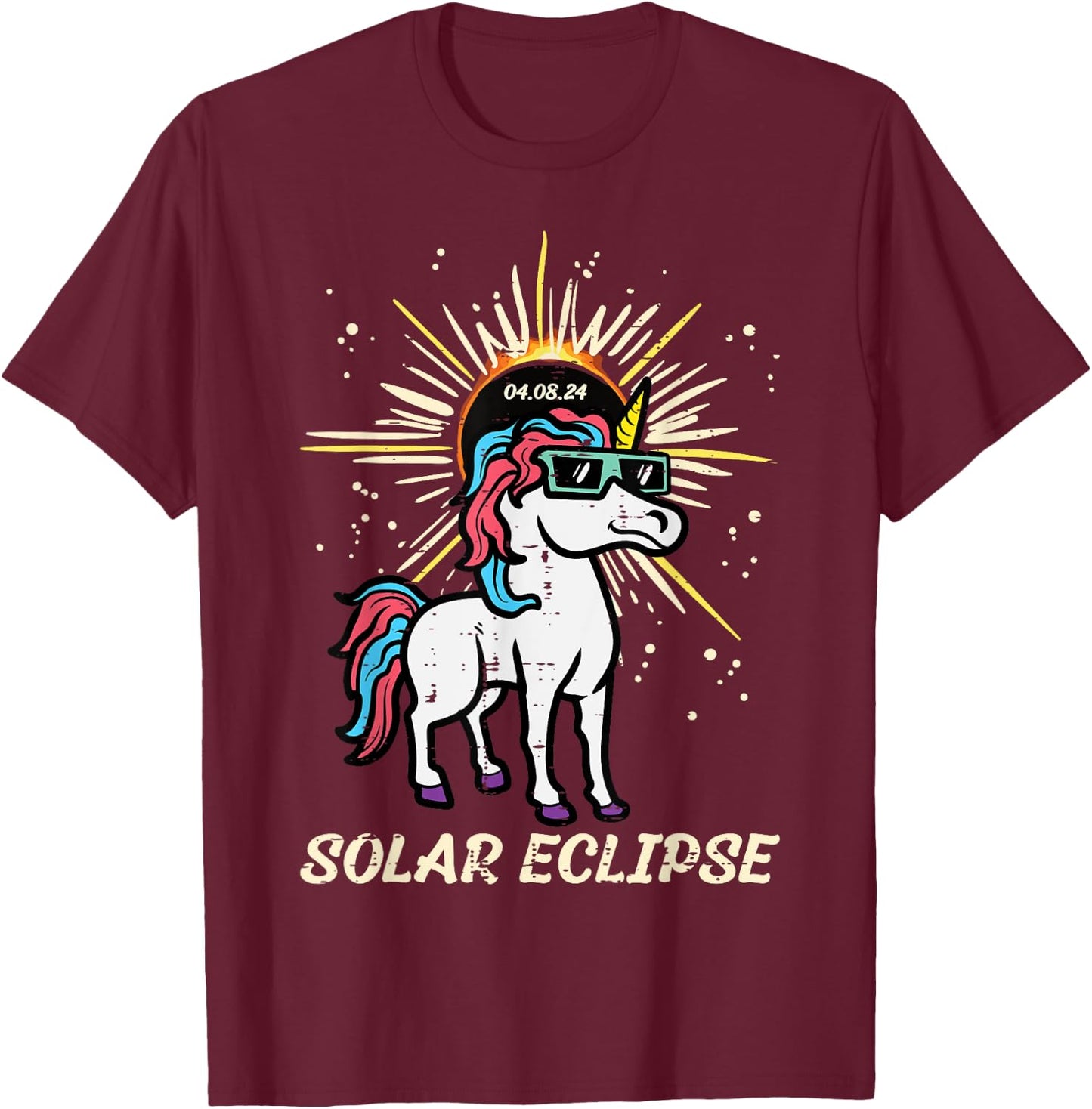 Unicorn Solar Eclipse 2024 Totality April 8 Women Men Kids T-Shirt - T-Shirt | Maroon