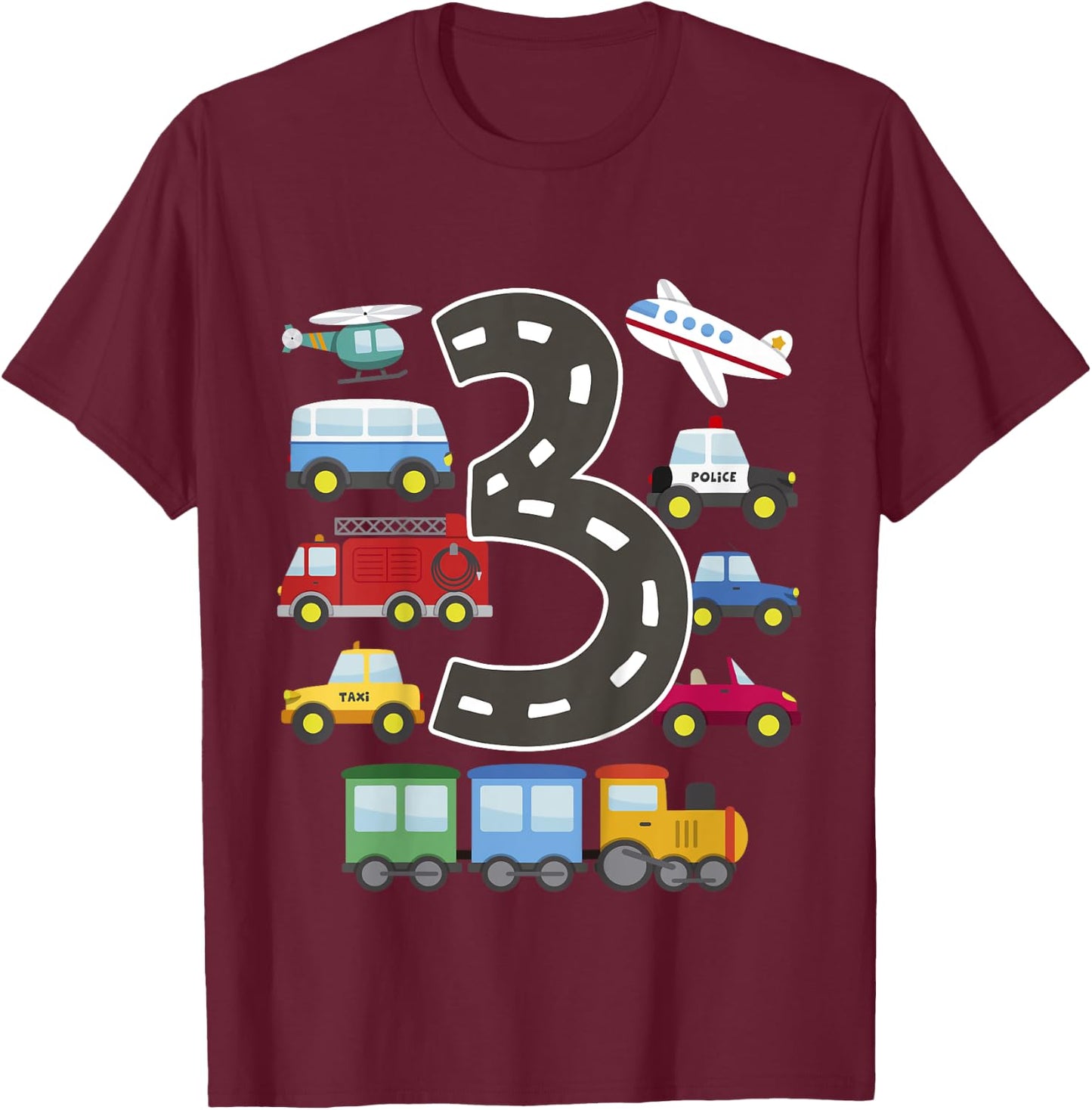 3 Year Old Transportation Birthday Car Train Plane 3rd Gift T-Shirt - T-Shirt | Maroon
