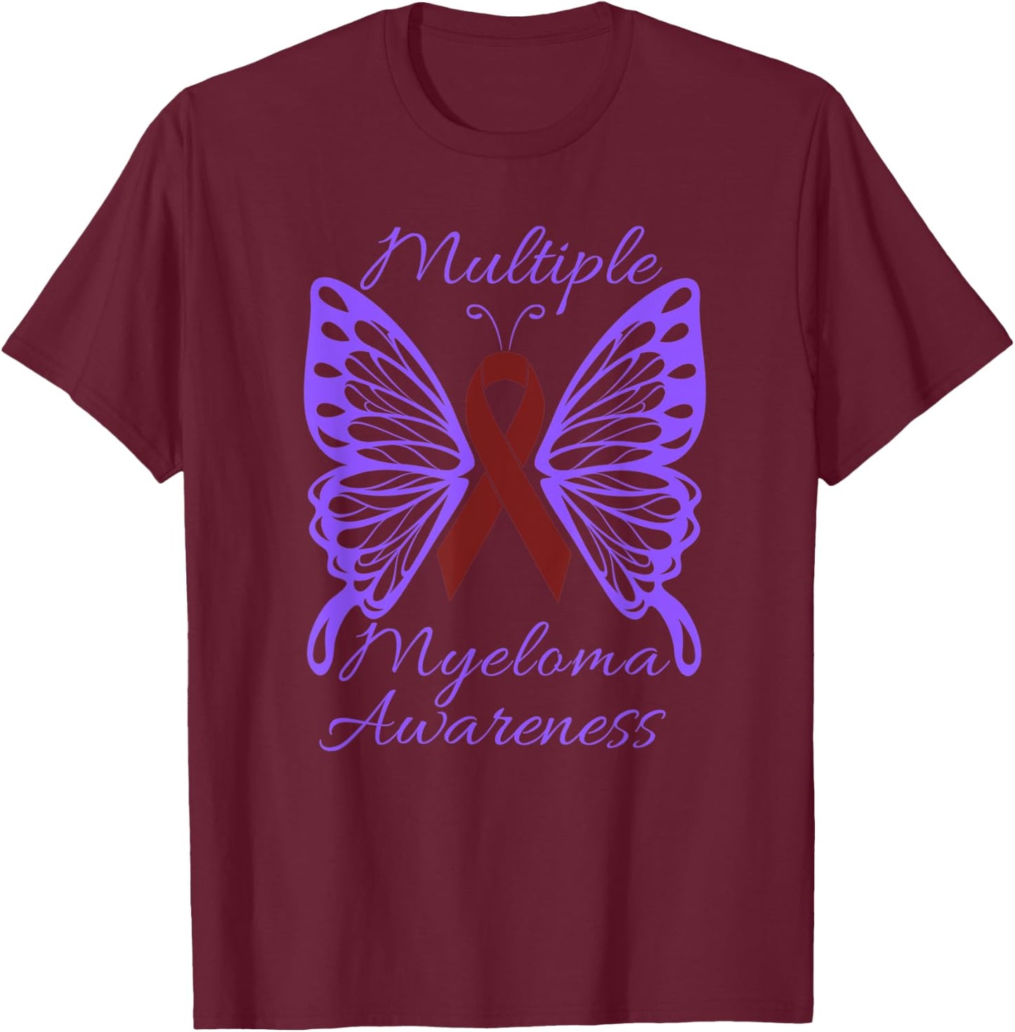 Multiple Myeloma Awareness Butterfly with Burgundy Ribbon T-Shirt - T-Shirt | Maroon