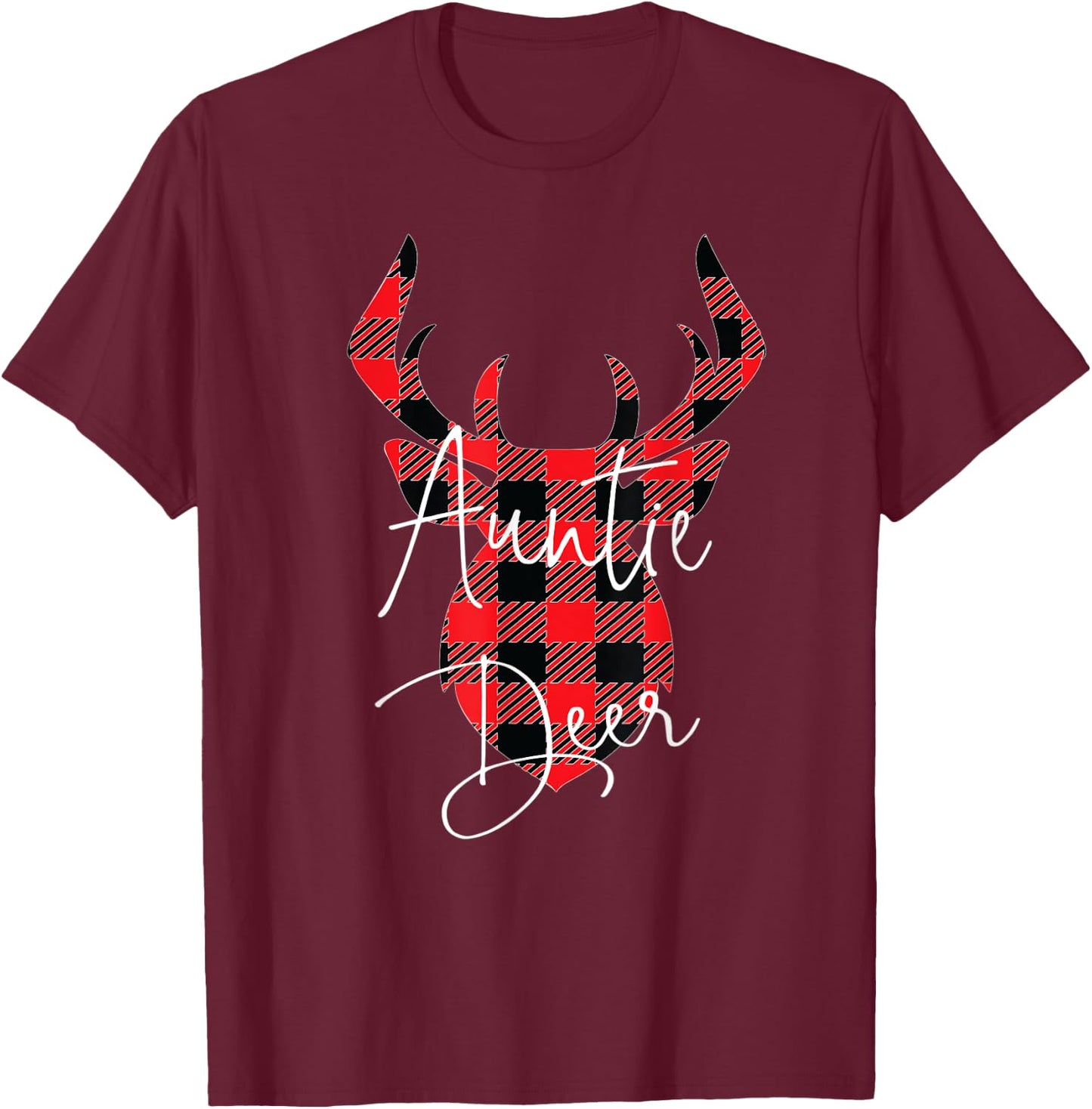 Auntie Deer Christmas Pajama Red Plaid Buffalo Matching T-Shirt - T-Shirt | Maroon