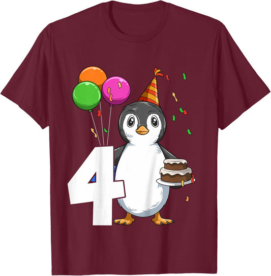 Penguin Birthday 4 Penguin 4th Birthday Outfit Penguin Party T-Shirt - T-Shirt | Maroon