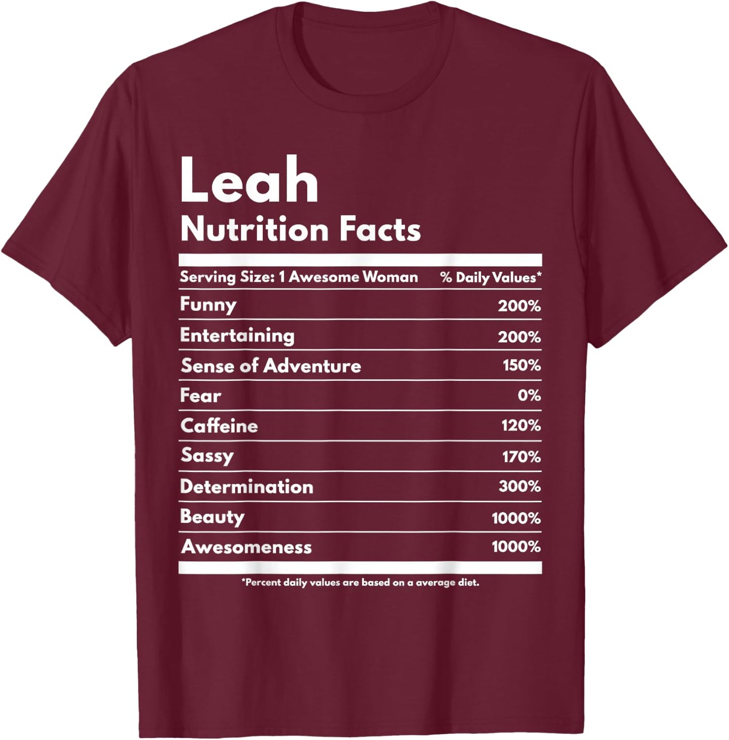 That's My Name Co. Leah Leah Nutrition Facts Funny Personalized Name Leah T-Shirt - T-Shirt | Maroon