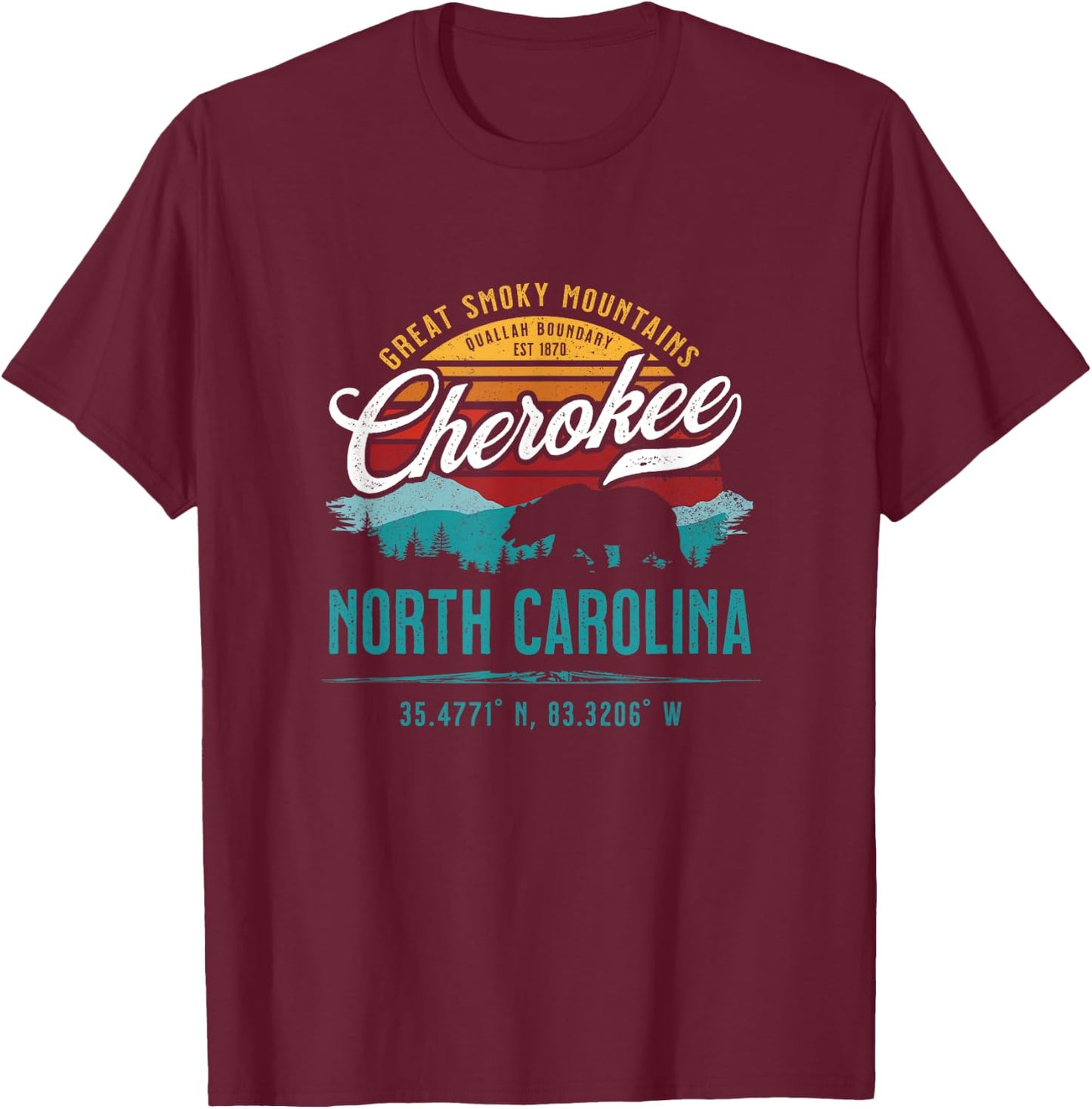 Cherokee North Carolina Retro Sunset Great Smoky Mountains T-Shirt - T-Shirt | Maroon