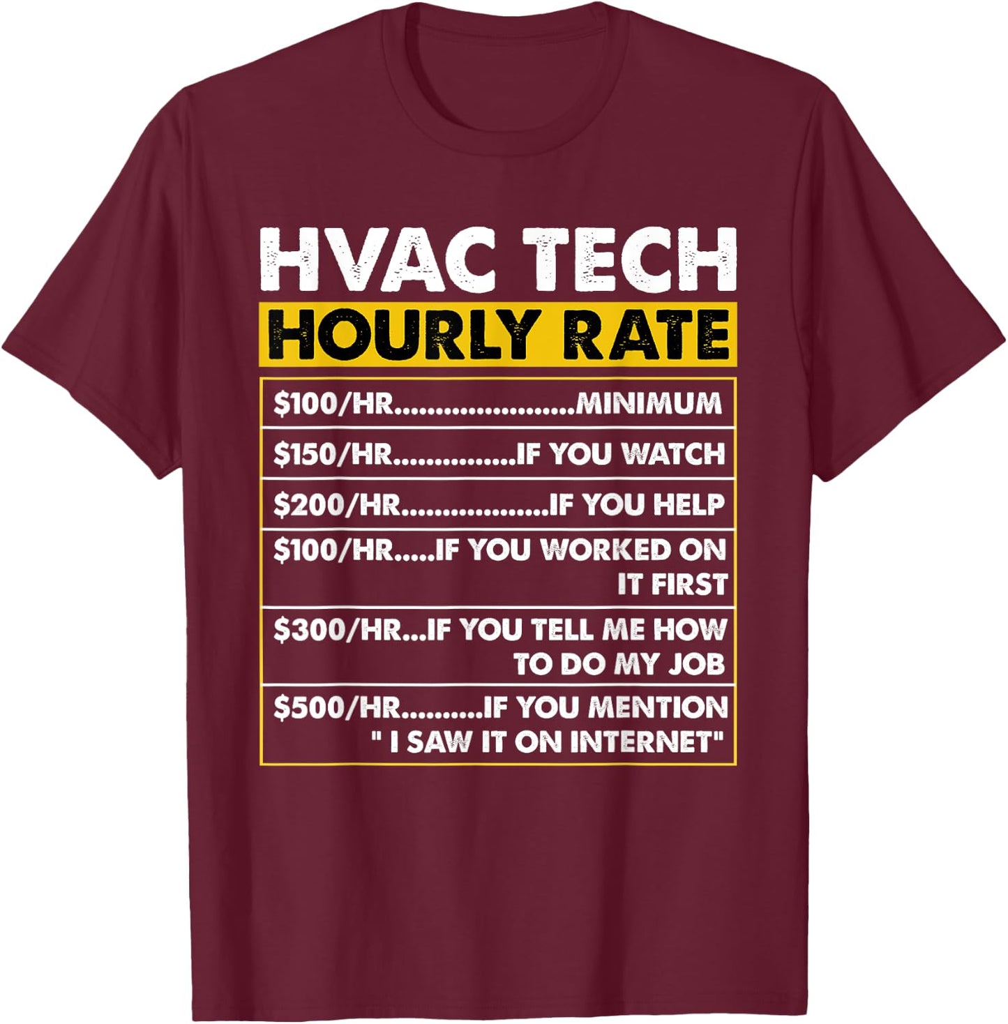 HVAC Tech Tools Funny Vintage HVAC Technician Hourly Rate T-Shirt - T-Shirt | Maroon