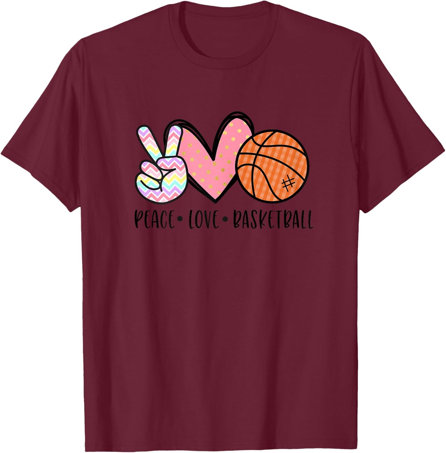 Peace Love Basketball Heart Teens Tween Girls T-Shirt - T-Shirt | Maroon