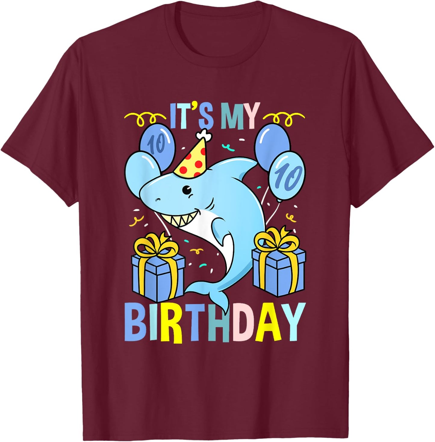 Shark Its My 10th Birthday T-Shirt - T-Shirt | Maroon