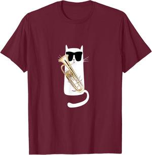 Funny Cat Wearing Sunglasses Playing Tuba T-Shirt - T-Shirt | Maroon
