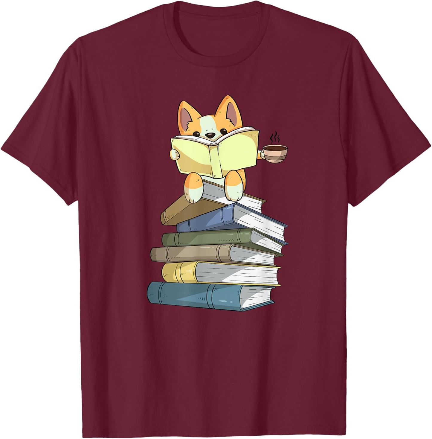 Welsh Corgi Books Coffee | Coffee Dog & Reading Lover Gift T-Shirt - T-Shirt | Maroon