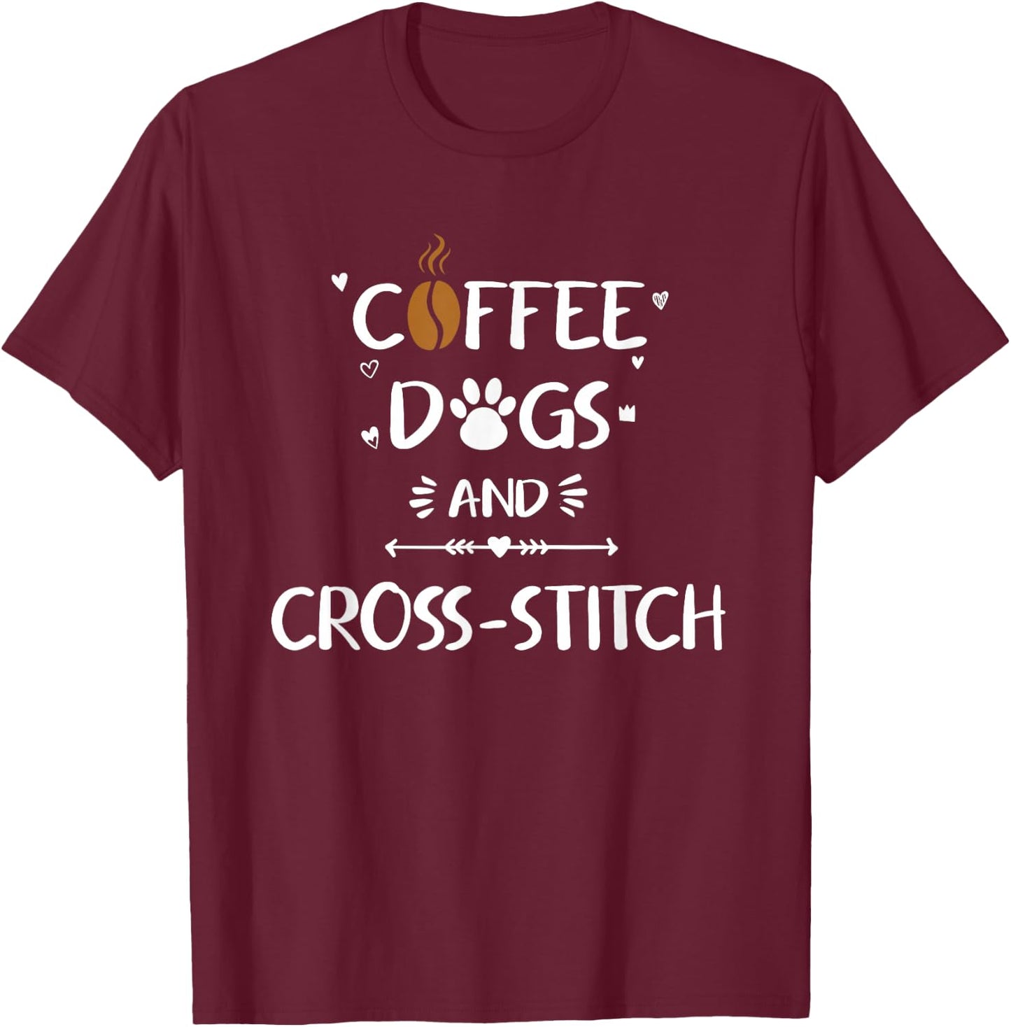 Coffee Dogs & Cross-Stitch Needlepoint Stitching T-Shirt - T-Shirt | Maroon