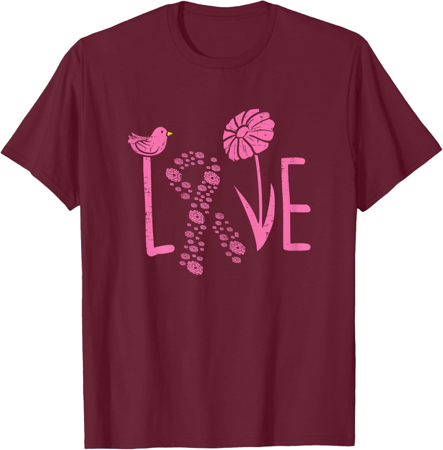 Love Pink Ribbon Flower Daisy Breast Cancer Awareness Gift T-Shirt - T-Shirt | Maroon