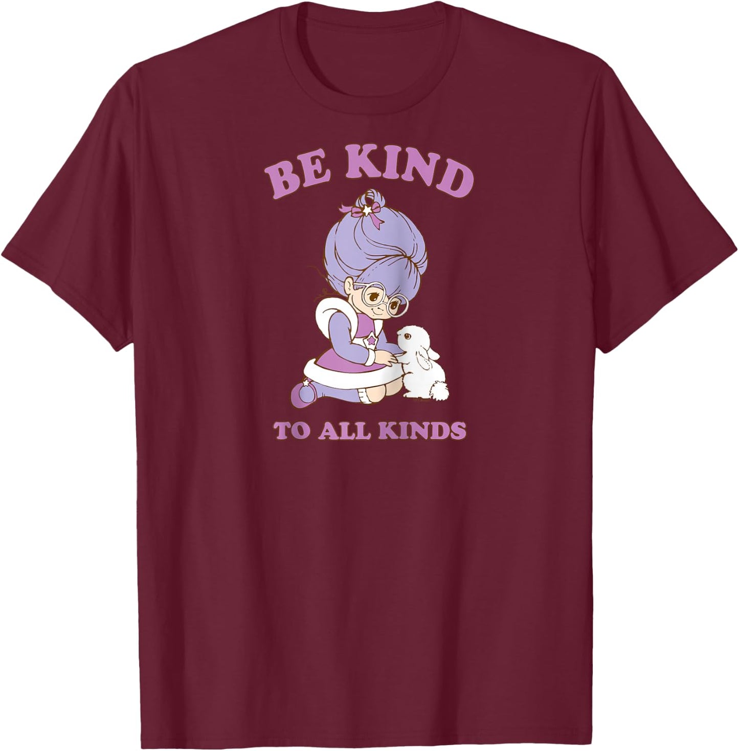 Rainbow Brite Be Kind To All Kinds Shy Violet & Bunny Raglan Baseball T-Shirt - T-Shirt | Maroon