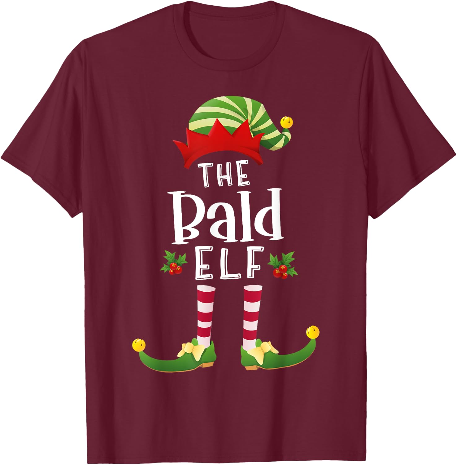 Bald Christmas Elf Matching Pajama X-Mas Party T-Shirt - T-Shirt | Maroon